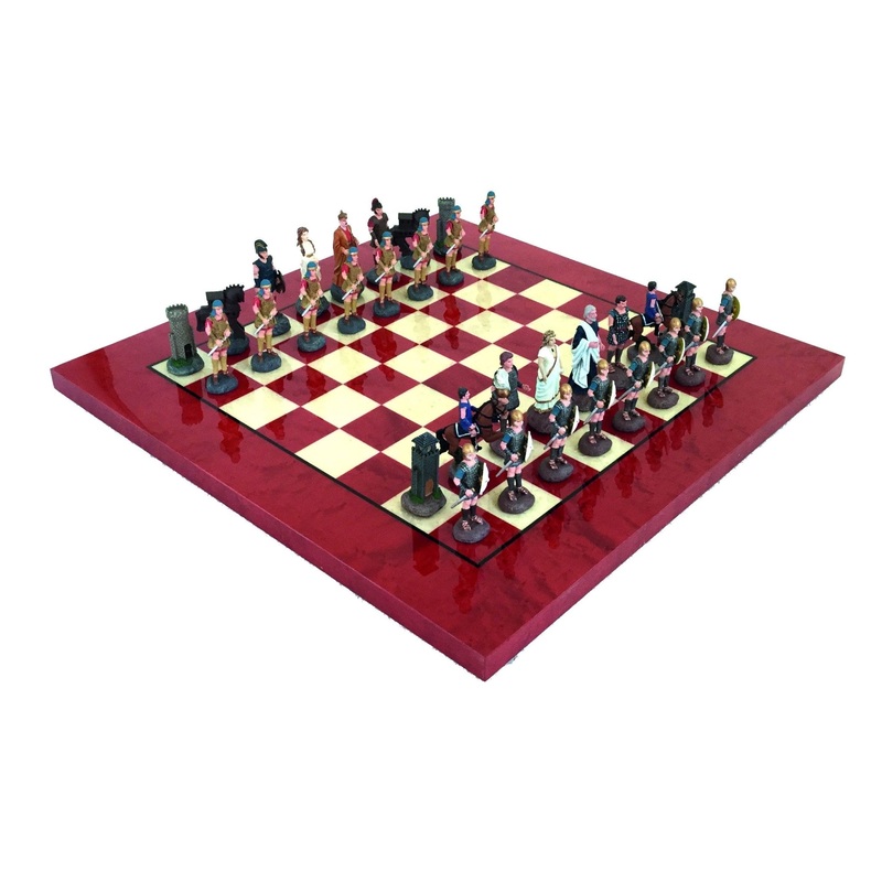 Battle Of Troy: Handpainted Chess Set with RED Briar Erable Chessboard