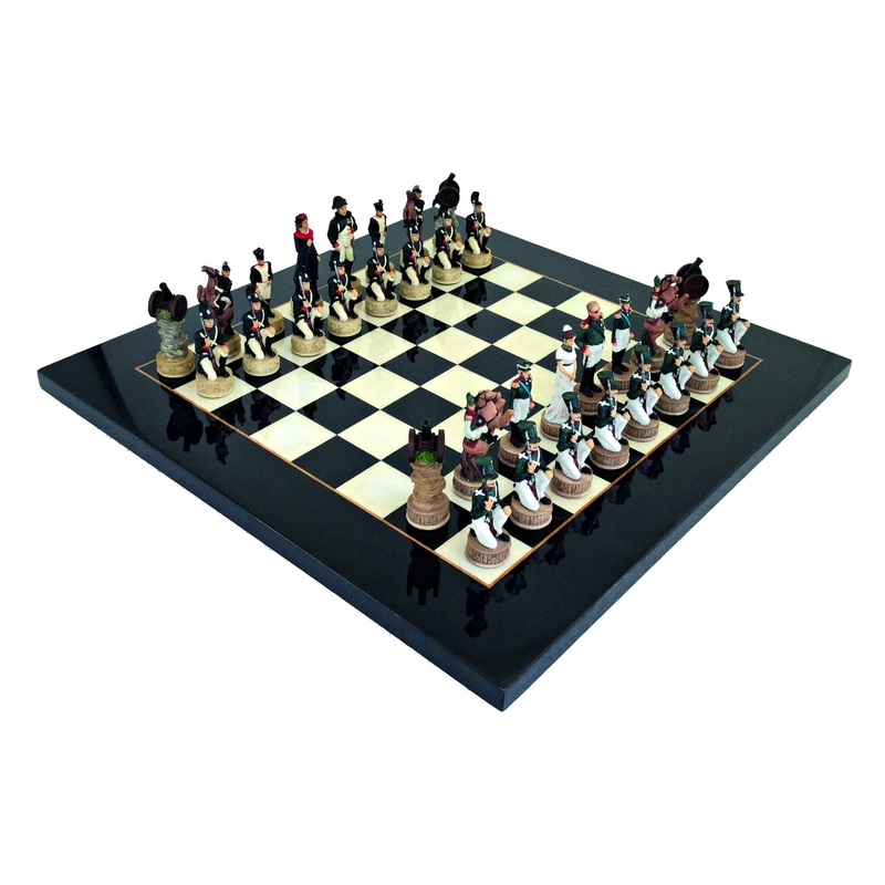 NAPOLEON IN RUSSIA: Handpainted Chess Set with Briar Erable Wood Chessboard