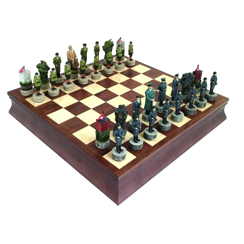 SECOND WORLD WAR: Handpainted Chess Set with Chessboard + Walnut Box