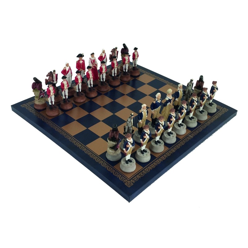 AMERICAN INDEPENDENCE WAR: Handpainted Chess Set with Leatherette Chessboard