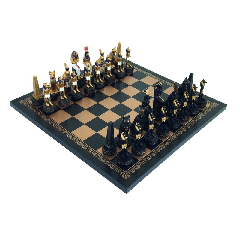 ANCIENT EGYPT: Handpainted Chess Set with Beautiful Leatherette Chessboard