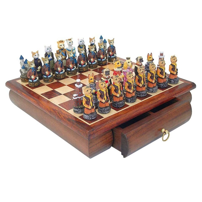 DOGS vs CATS: Handpainted Chess with Rare Wooden Chessboard & Box