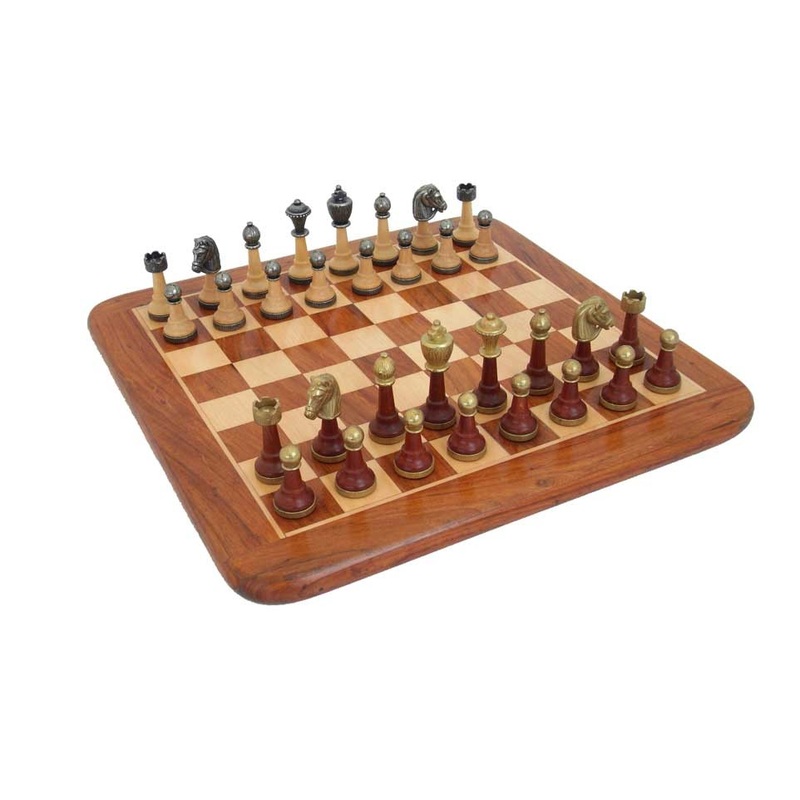 Unique Wood/Metal Chess Set with Rosewood and Maple ChessBoard