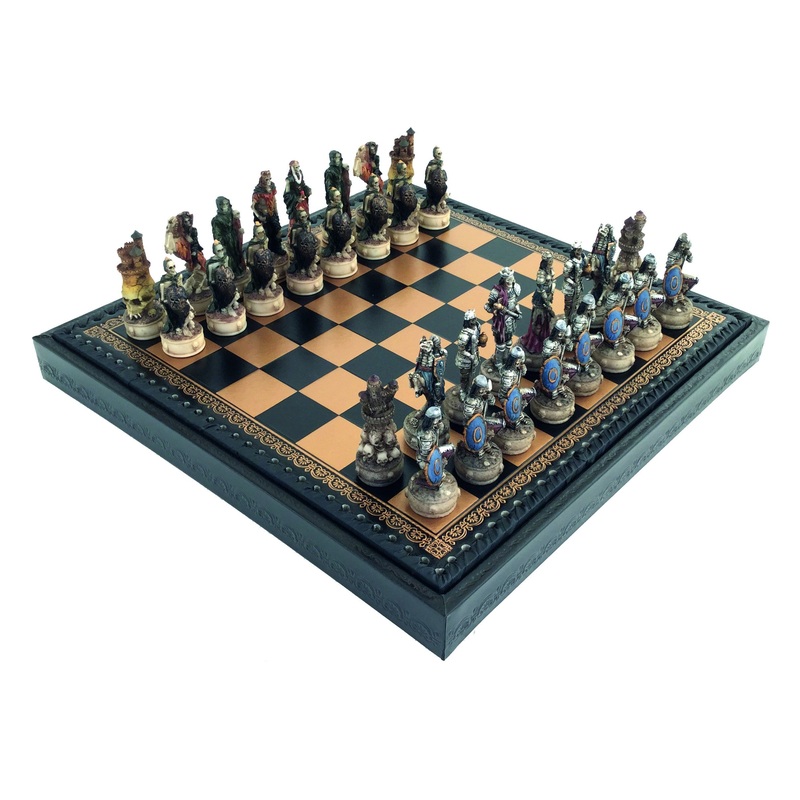 ZOMBIE SET: Handpainted Chess with Leatherette Chessboard & Box + Checker Set