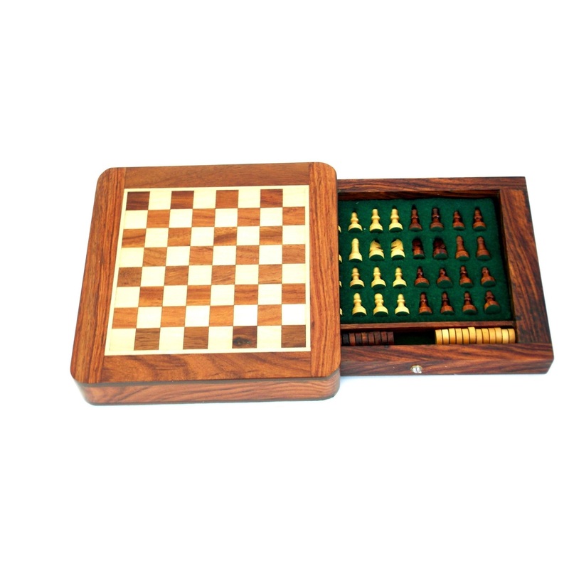25X25CM QUALITY MAGNETIC WOODEN CHESS SET WITH DRAWER + CHECKER SET