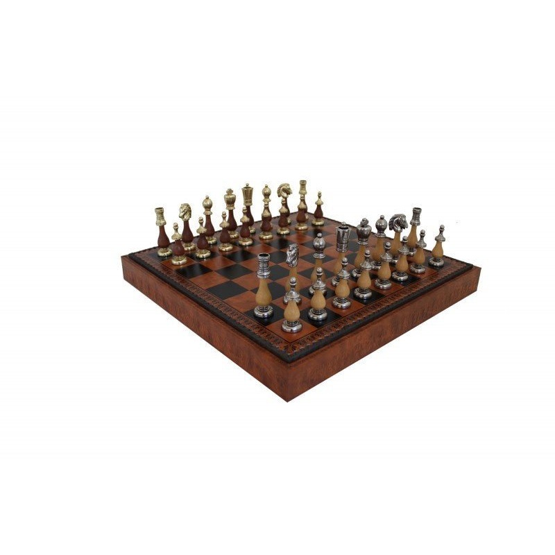 ARABIC STYLE Metal & Wood Chess Pieces with Brown/Black Leatherette Chessboard