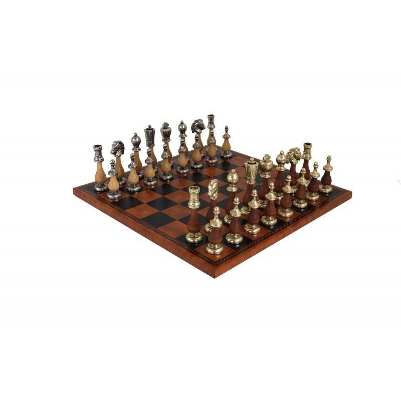 Arabic Style Metal/Wooden Chess Pieces with Brown/Black Leatherette Chessboard
