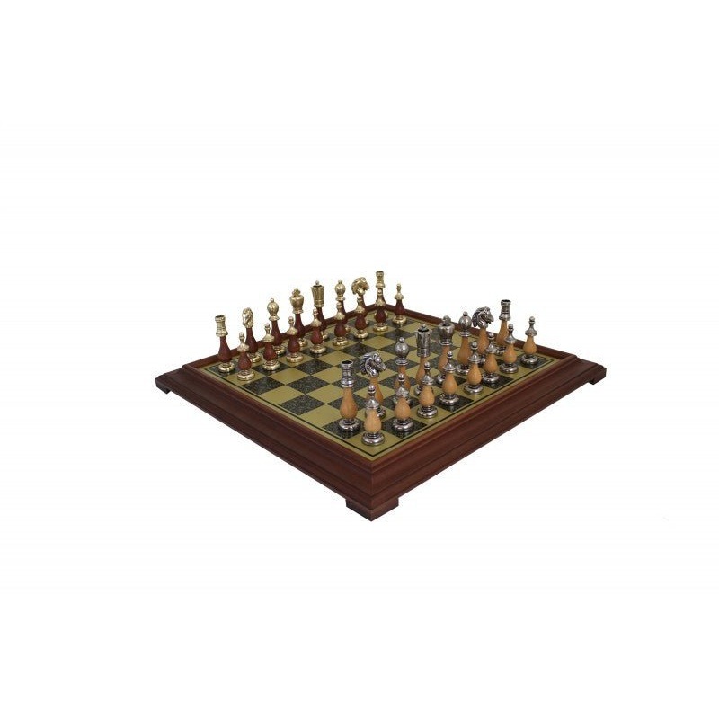 ARABIC STYLE SET: Metal & Wood Chess Pieces + Brass Effect Wooden Chessboard