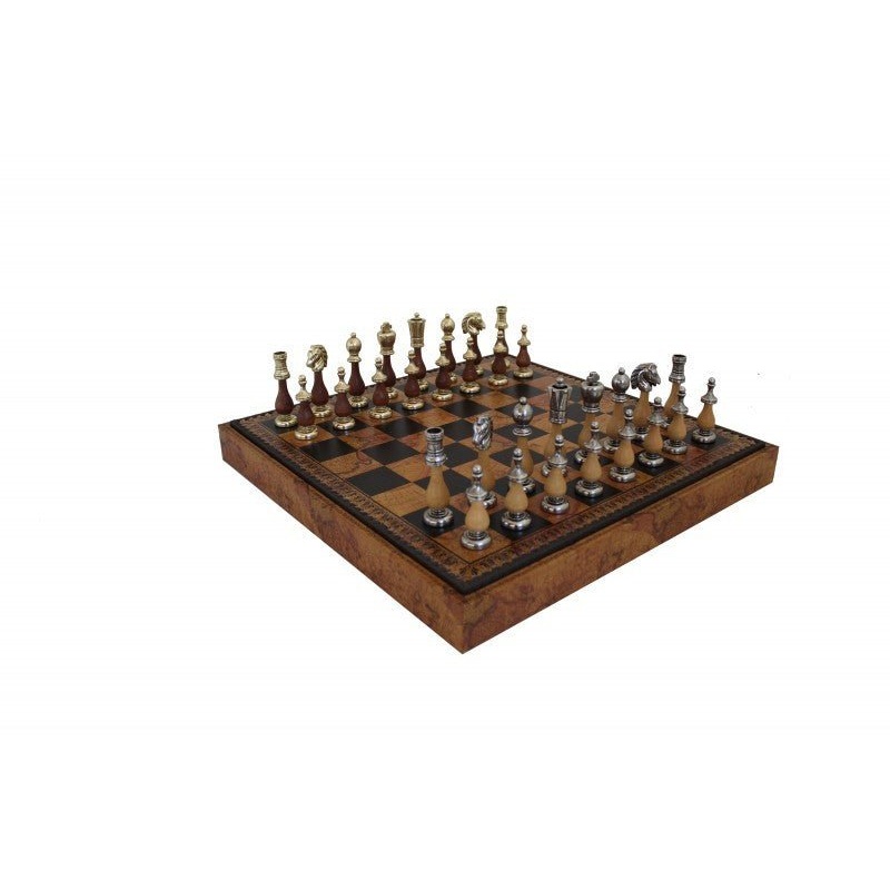 ARABIC STYLE SET: Metal & Wood Chess Pieces with Leatherette Chessboard/Box