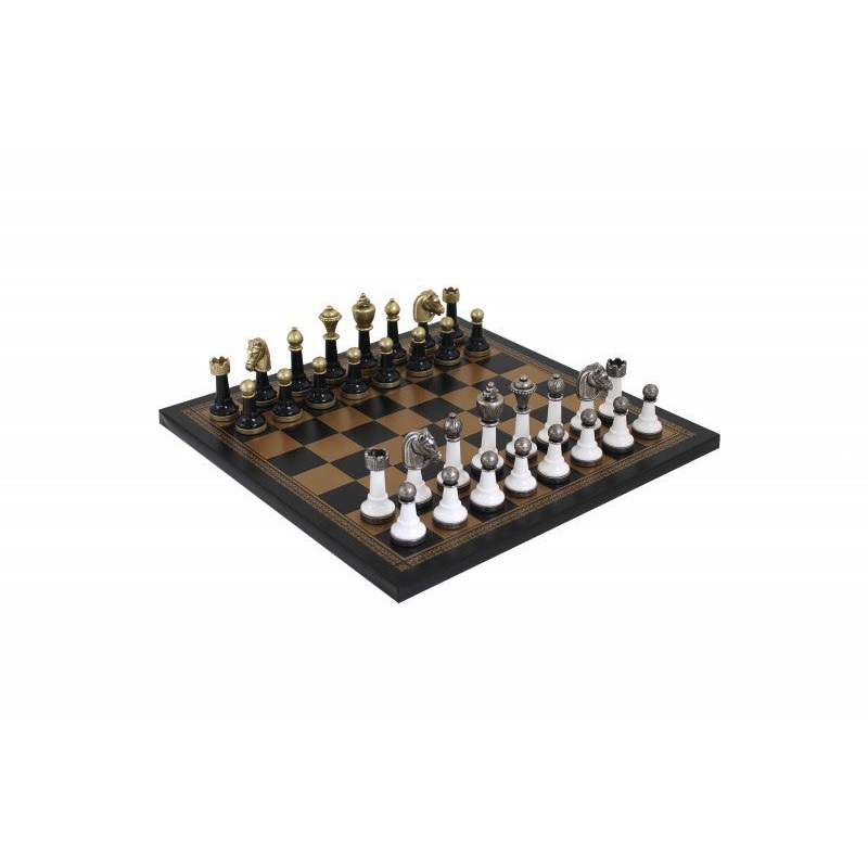 White & Black Lacquered Wooden Chess Set with Gold/Black Leatherette Chessboard