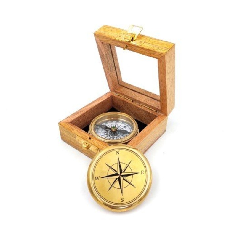Brass compass in a wooden box - C-57R